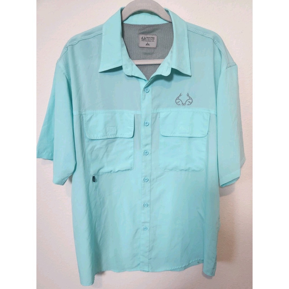 Realtree Fishing Men's Shirt Green Short Sleeve Vented Embroidered‎ Logo Large